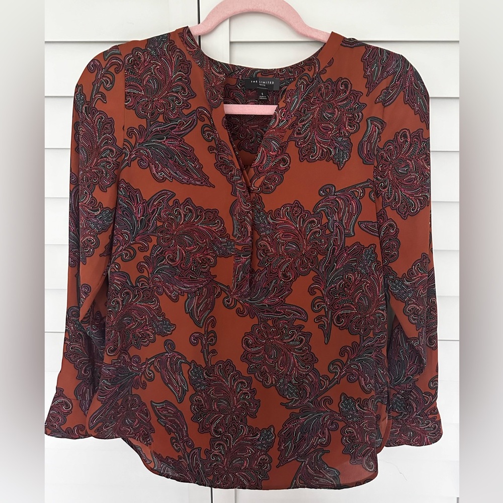 The Limited Shirt Blouse Small Petite Pattern Buttons Rust Orange Paisley Top